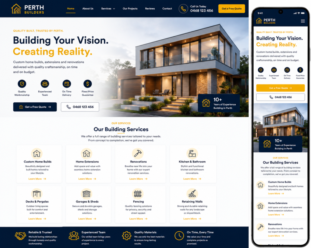 Builder website design showcasing renovation and construction projects