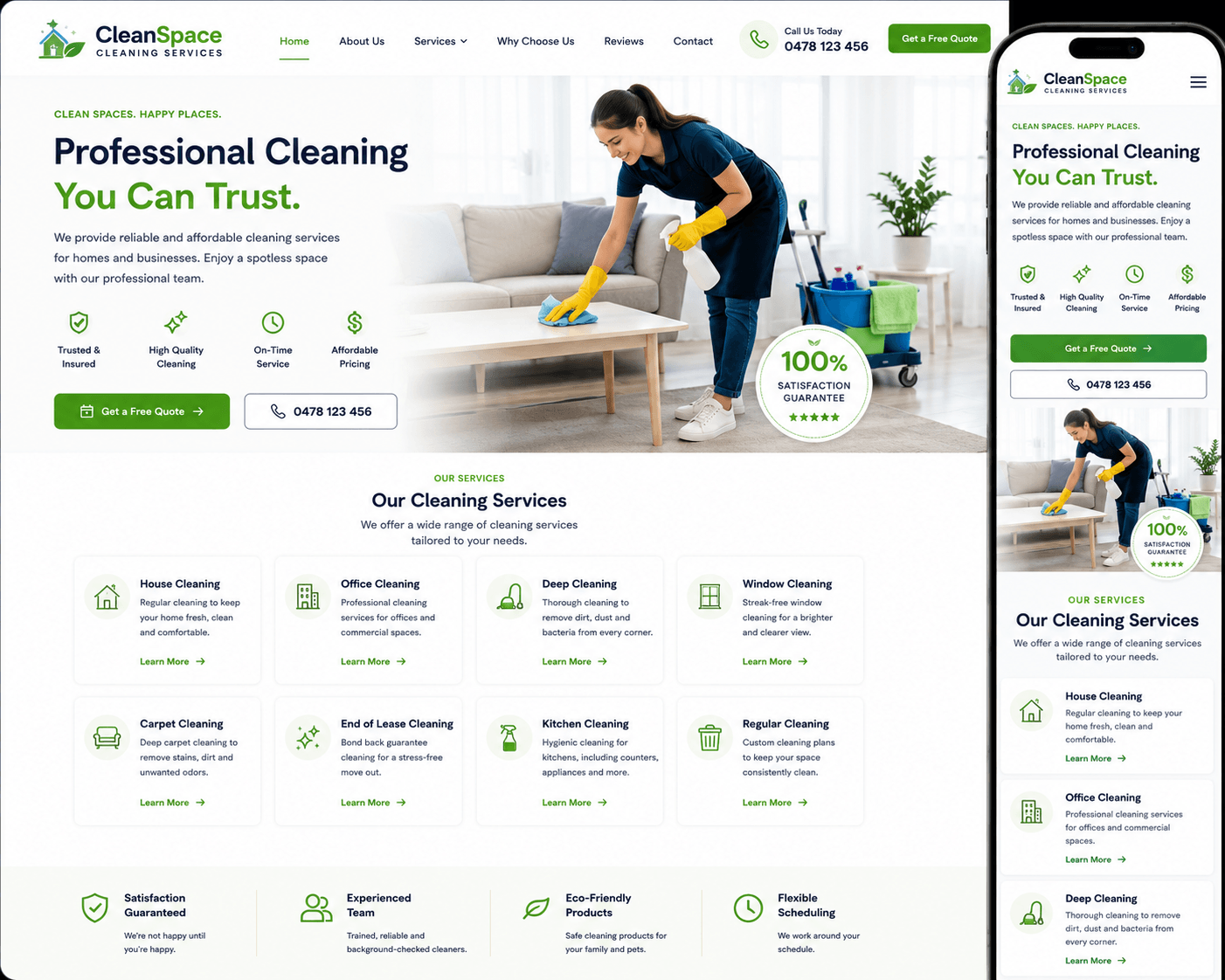 Professional cleaning business website design with online booking and local SEO