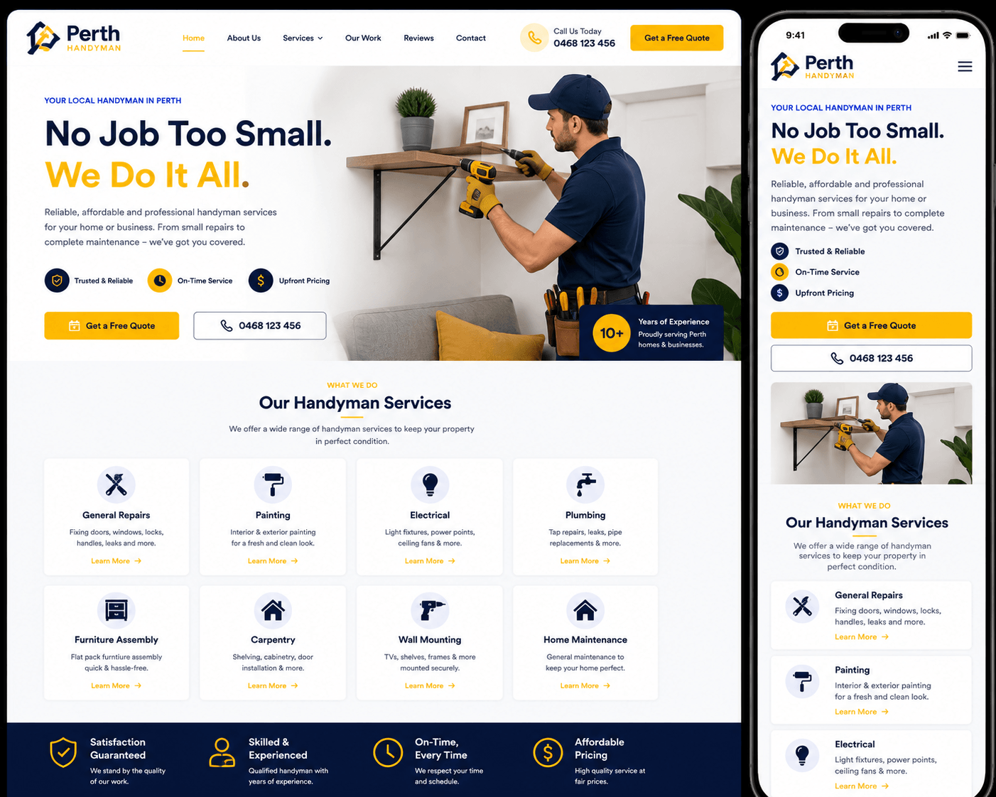 Professional handyman website design with service pages and click-to-call features