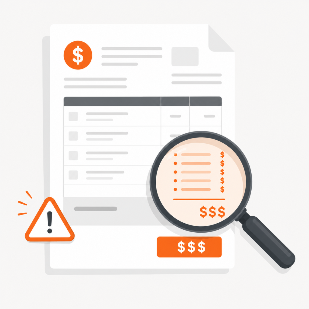 Illustration of hidden fees hidden in a website invoice, magnifying glass revealing fine print