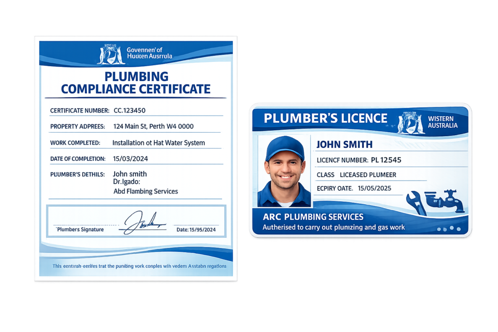 Licensed WA plumber showing a plumbing licence card and compliance certificate to a homeowner