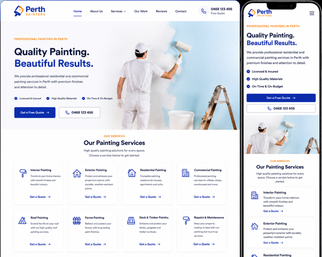 Professional painter website design showcasing residential painting services