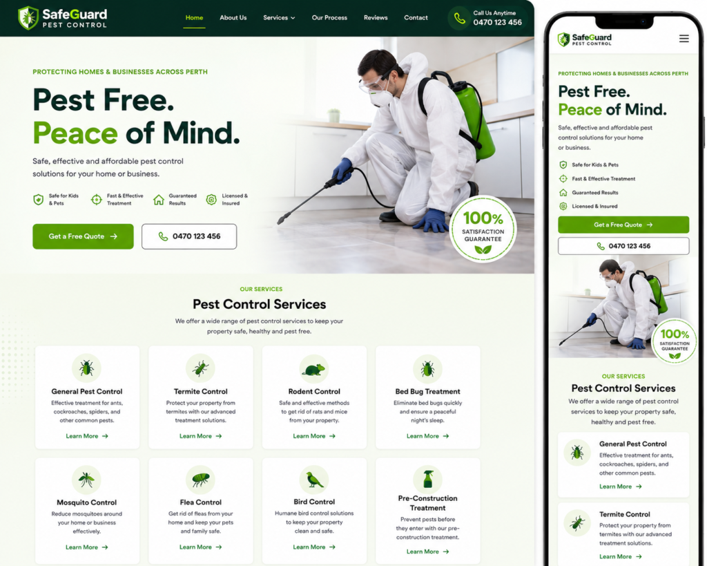 Professional pest control website design with local SEO and enquiry form