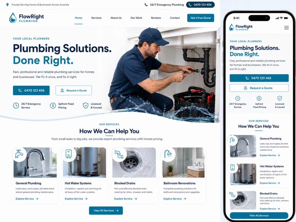 Modern plumber website design with emergency call-to-action and local SEO