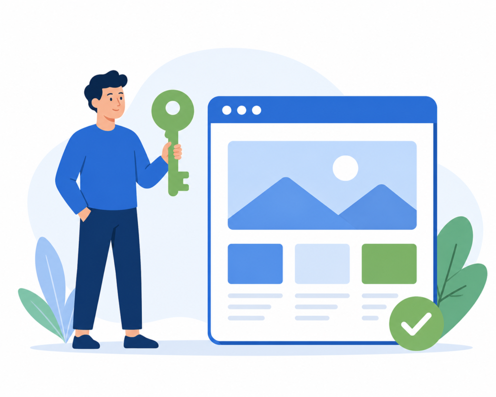 Illustration of a business owner holding the key to their own website and domain