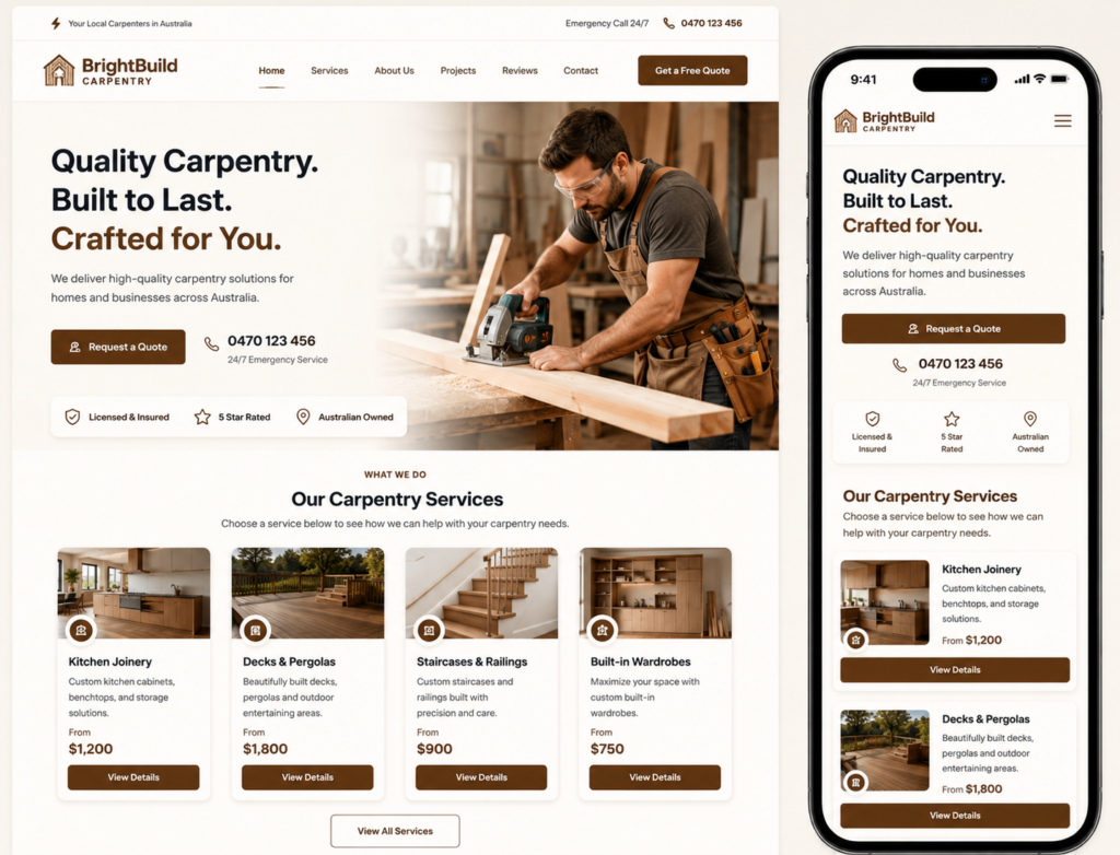 Professional carpenter website design showcasing custom carpentry and renovation services