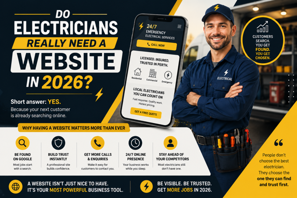 Electrician checking phone on jobsite considering a website
