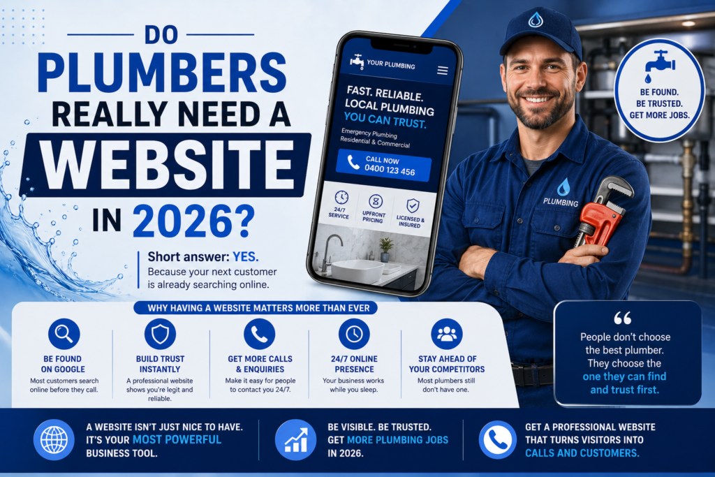 Plumber checking phone on jobsite considering a website