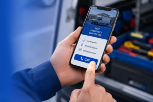 Hand tapping phone screen to call electrician