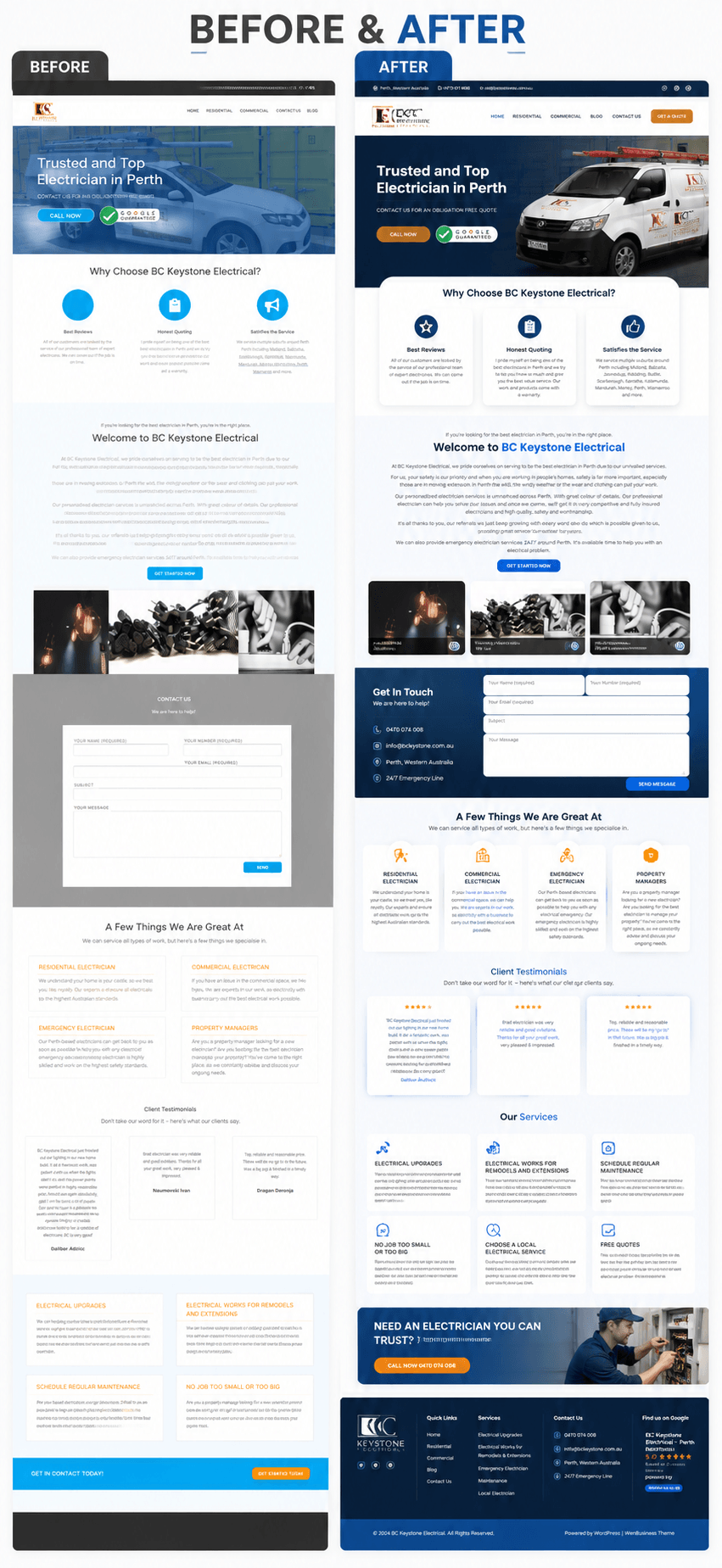 Website redesign comparison showing an outdated electrician website and a modern SEO-optimised electrician website in Perth