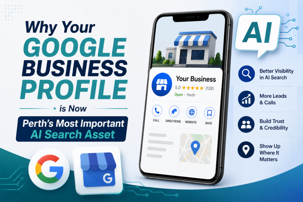 Smartphone showing Google AI Overview search result next to a Perth small business website on a laptop