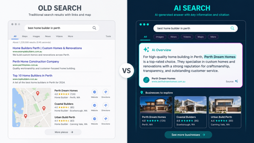 Comparison of traditional Google search results versus AI Overview search results for local businesses