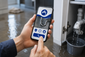 Hand tapping phone screen to call plumber during water emergency