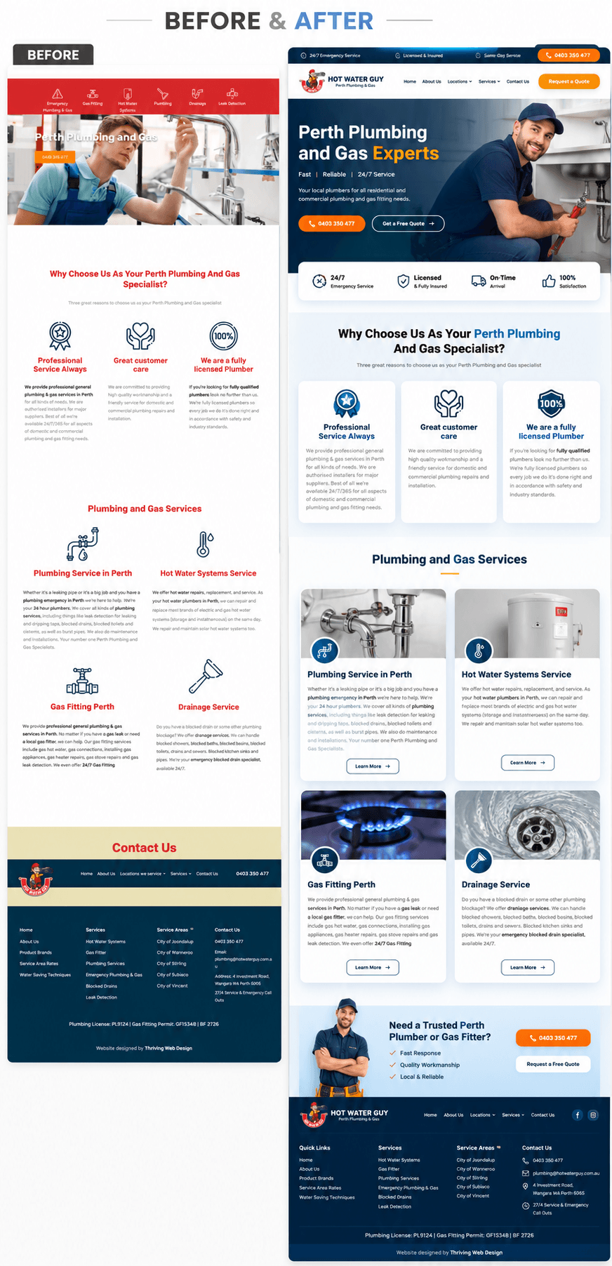 Before and after comparison of a Perth plumber website redesigned by Sclouta