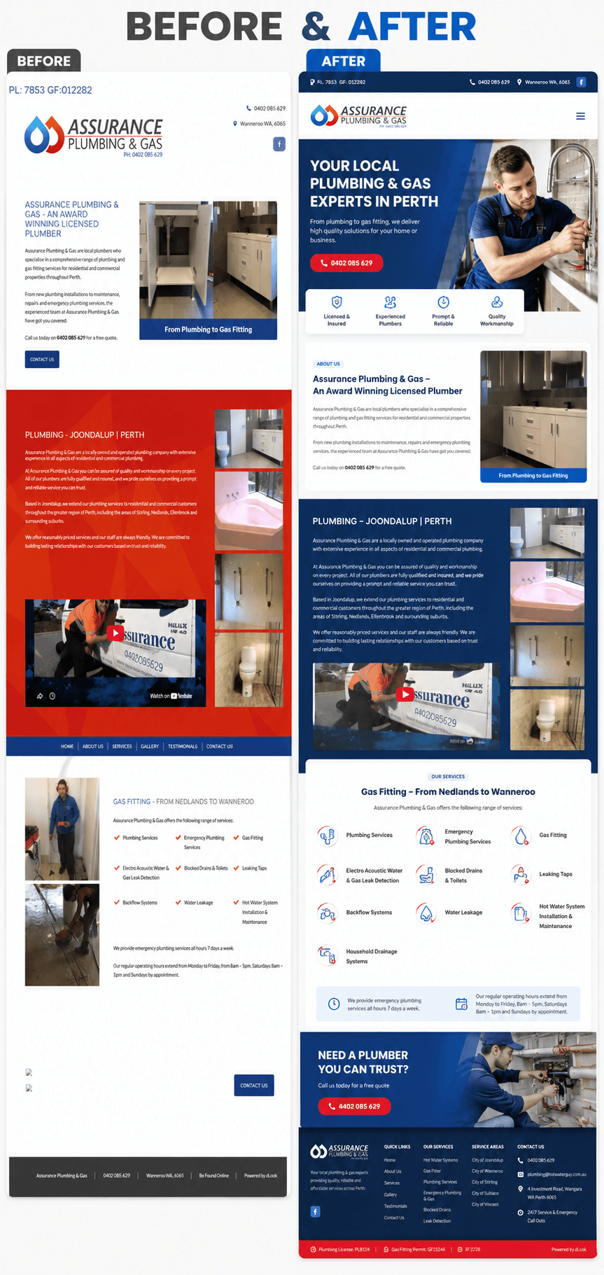 Website redesign comparison showing an outdated plumber website and a modern SEO-optimised plumber website in Perth