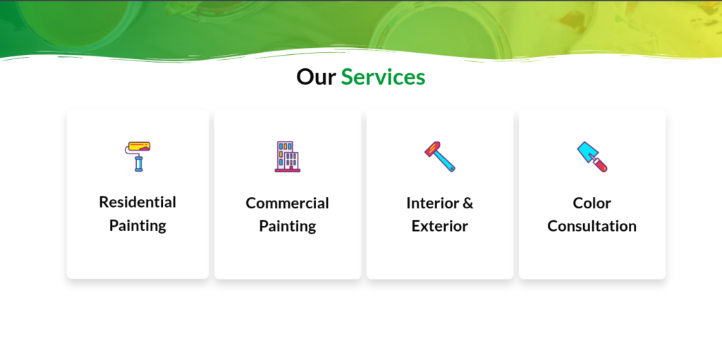 BRZ Painting website services section showing residential, commercial and interior painting icons