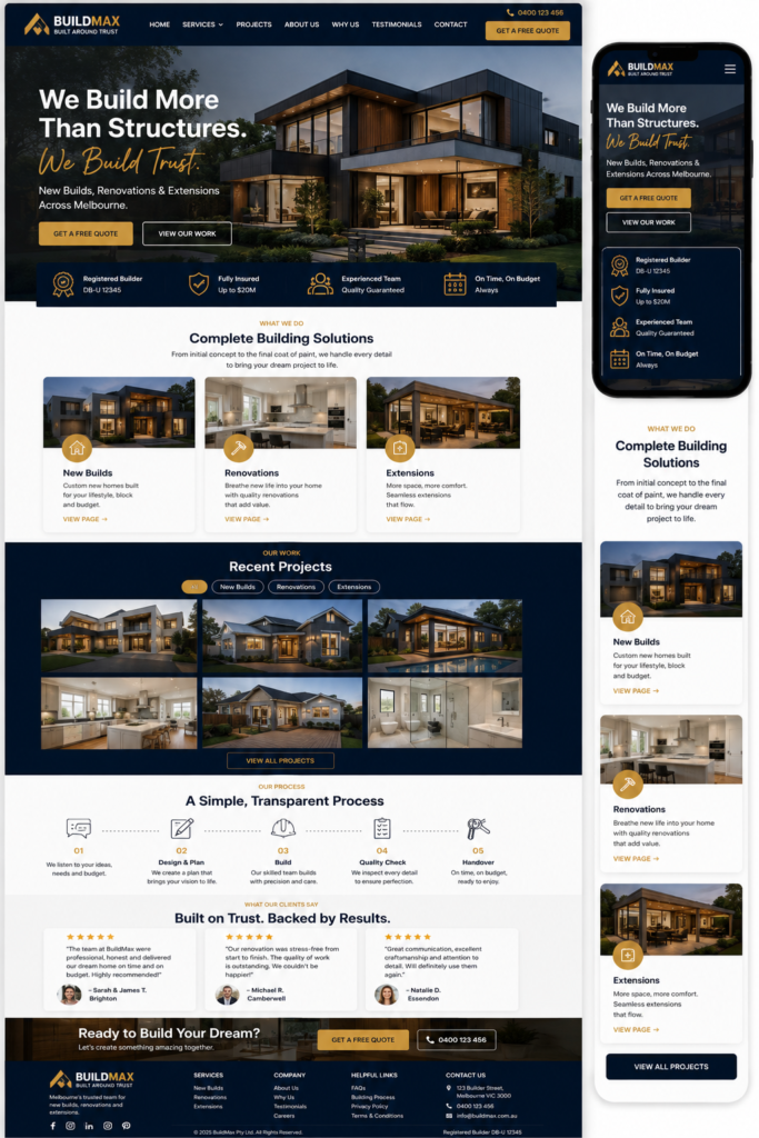 Perth builder website design showing renovation, extension and new build service pages
