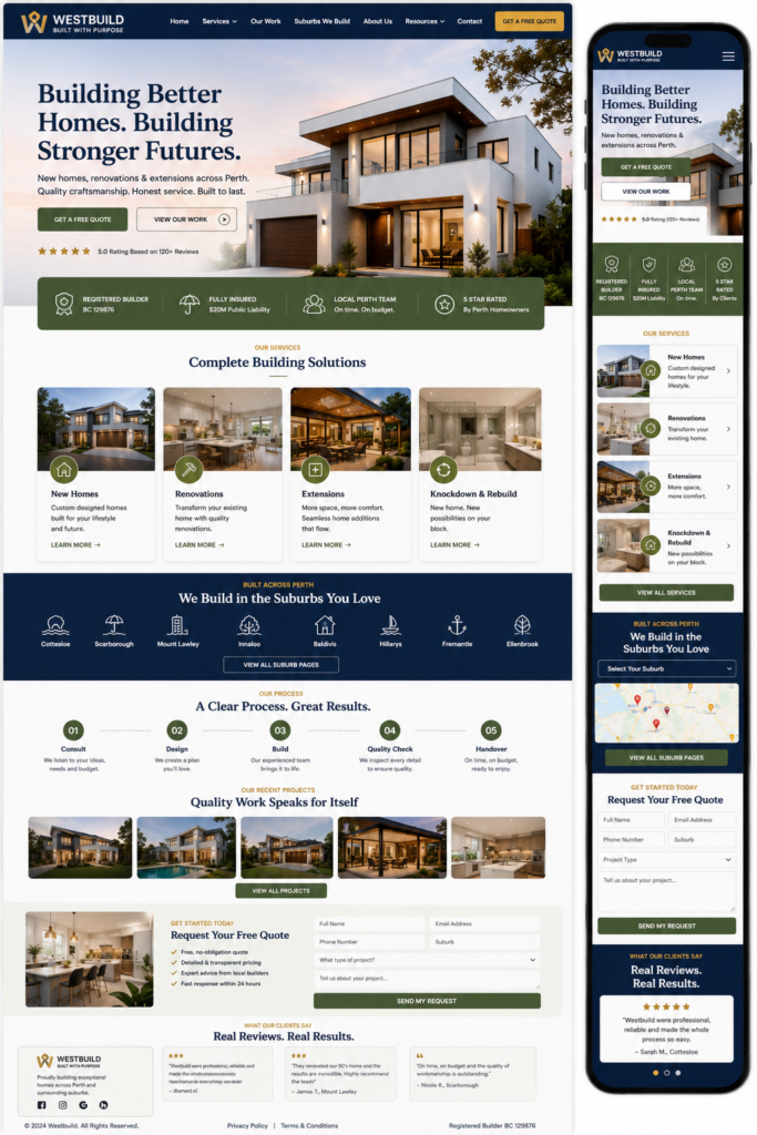 Perth builder website design with suburb landing pages and structured quote form
