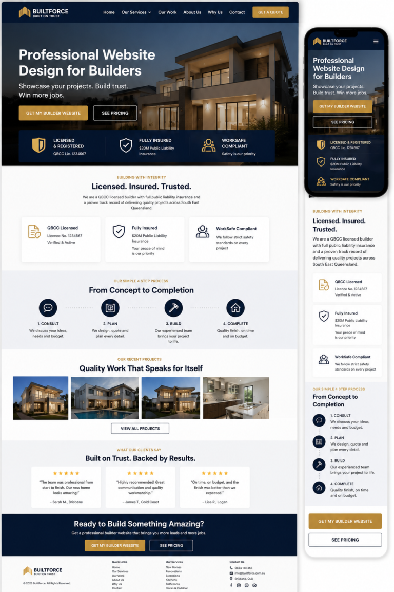 Perth builder website design with registration and insurance section near the top