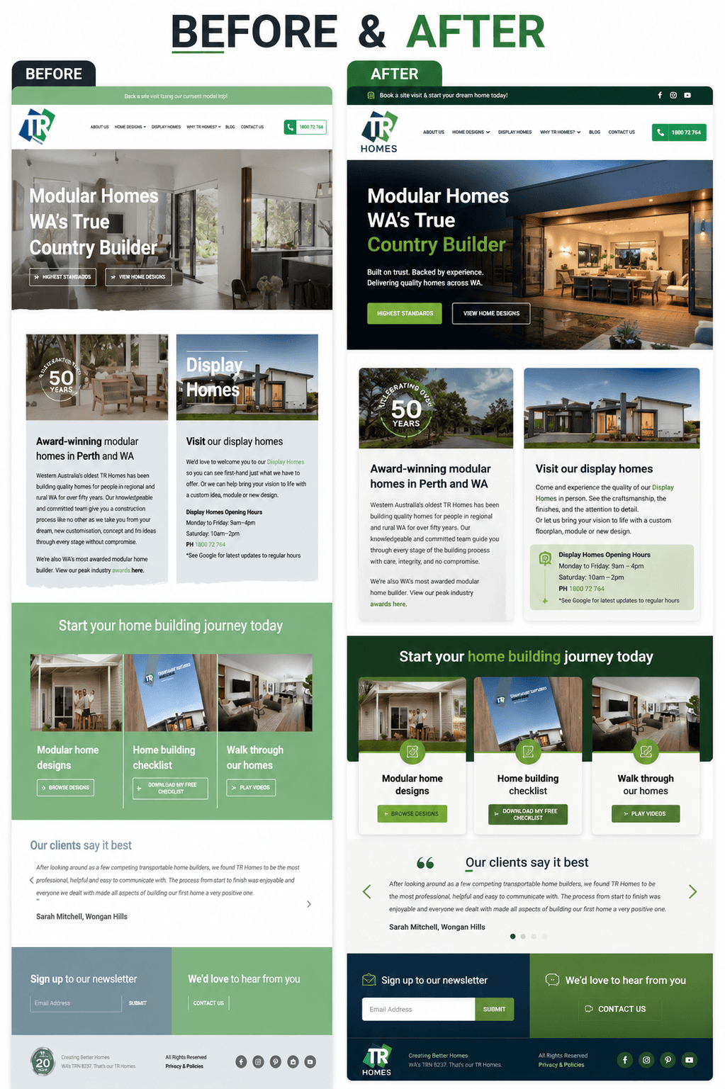 Website redesign comparison showing an outdated builder website and a modern SEO-optimised builder website in Perth
