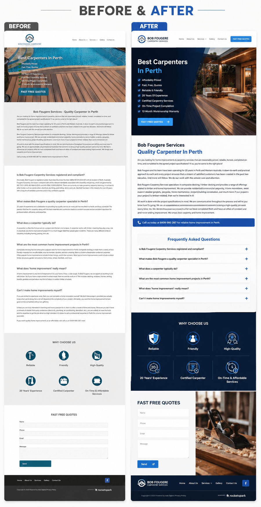 Website redesign comparison showing an outdated carpenter website and a modern SEO-optimised carpenter website in Perth