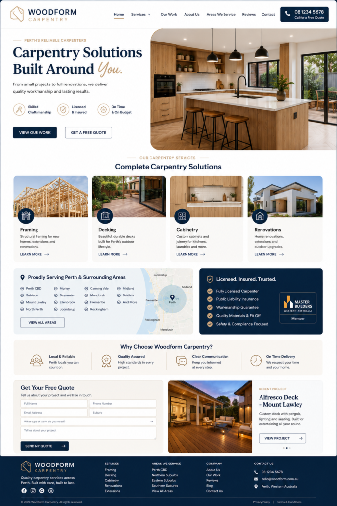 Perth carpentry website design showing framing, decking and cabinetry service pages