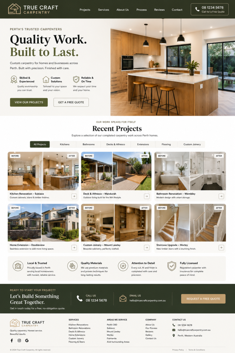 Perth carpenter website design with before and after project gallery near the top
