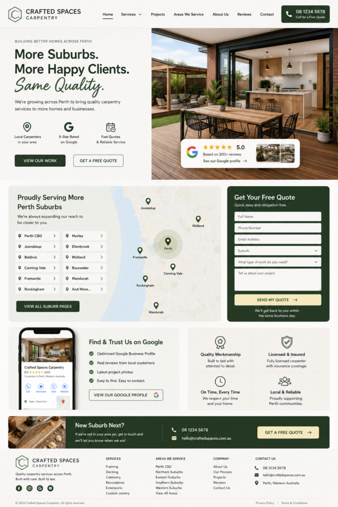 Perth carpenter website design with suburb landing pages and low-friction quote form