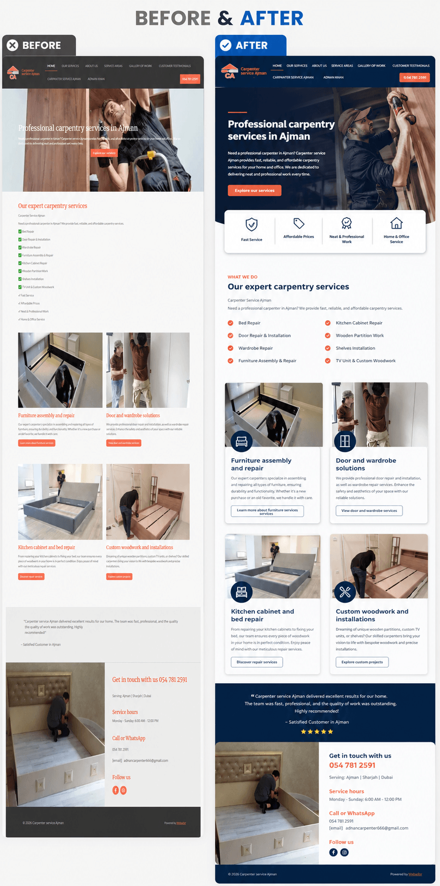 Website redesign comparison showing an outdated carpenter website and a modern SEO-optimised carpenter website