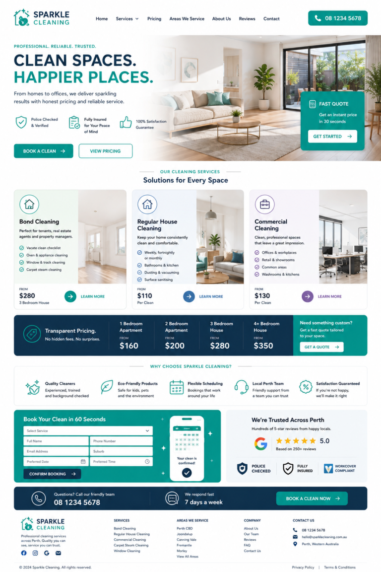 Perth cleaning website design showing bond cleaning and commercial cleaning service pages