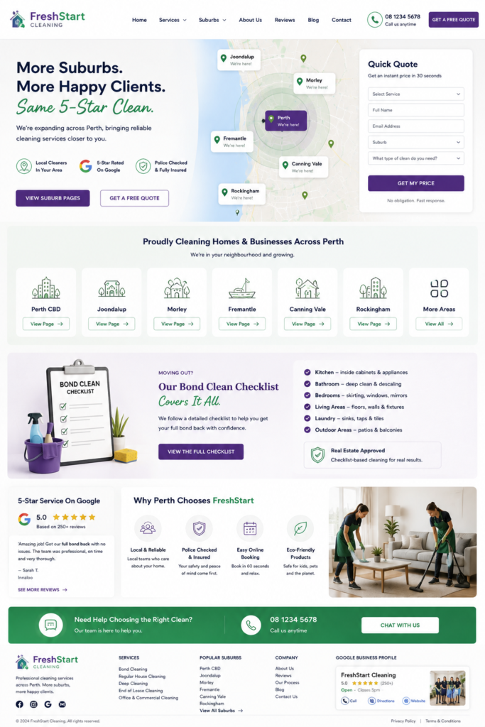 Perth cleaning business website design with suburb landing pages and bond clean checklist