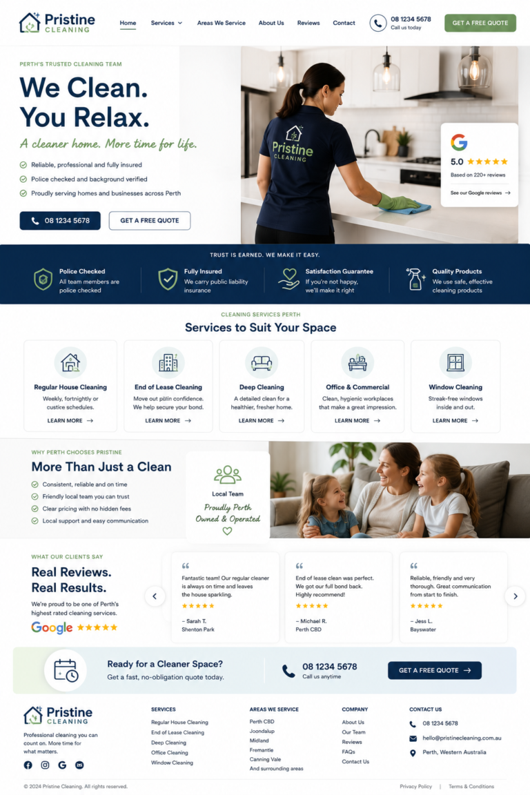 Perth cleaning business website design with police check and insurance section near the top