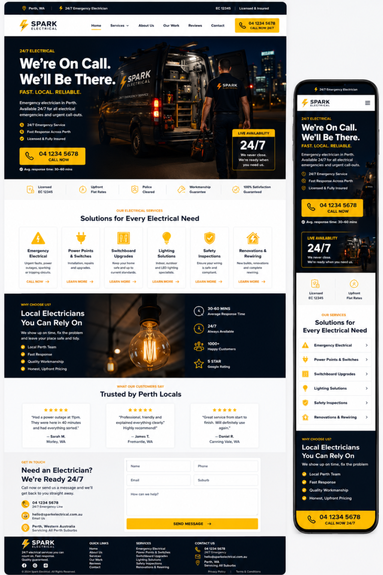 Perth electrician website design with sticky click-to-call header for urgent callouts