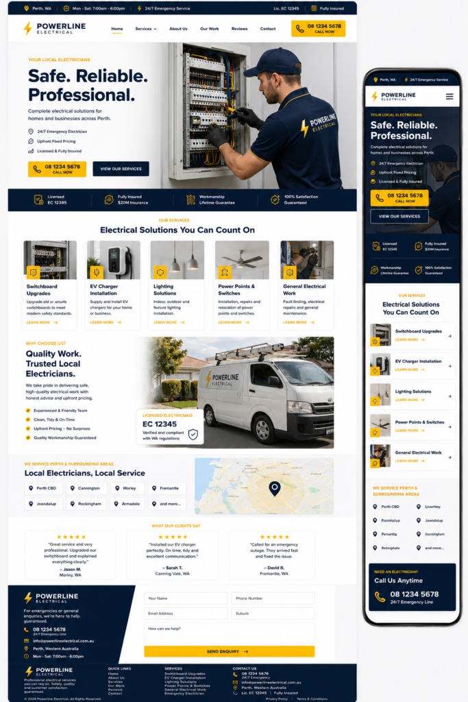 Perth electrician website design showing switchboard, EV charger and licensing sections