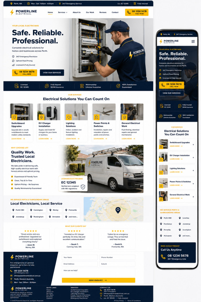 Perth electrician website design showing switchboard, EV charger and licensing sections