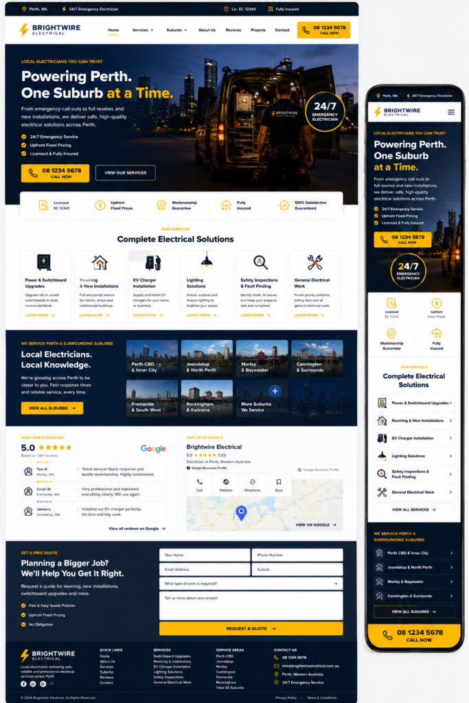Perth electrician website design with suburb landing pages and quote request form