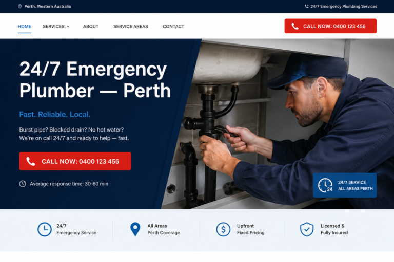 Emergency plumber homepage with prominent call now button and Perth service messaging