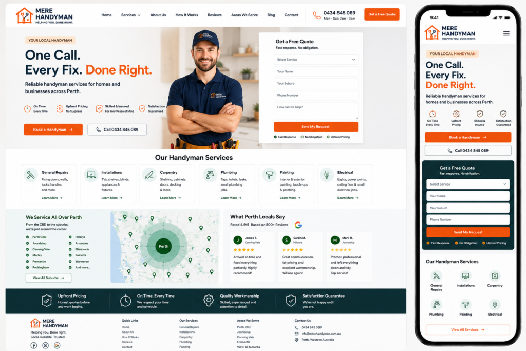 Perth handyman website design showing comprehensive services list and booking form