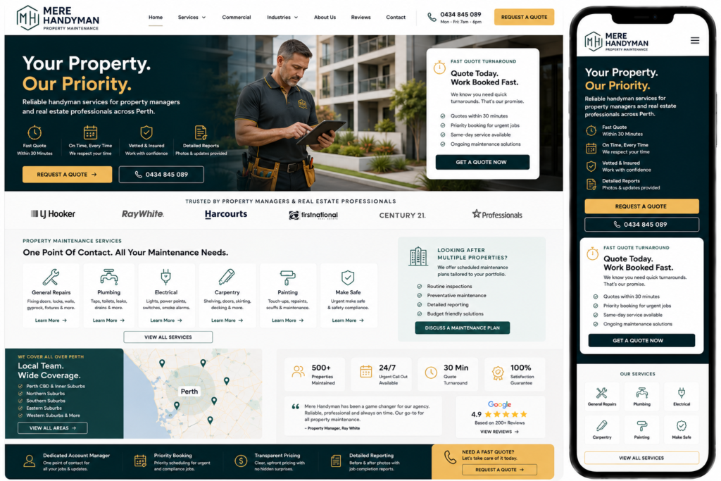 Perth handyman website design with dedicated strata and property manager section