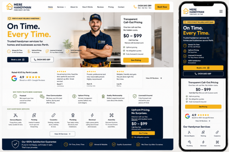 Perth handyman website design with punctuality-focused reviews near the top