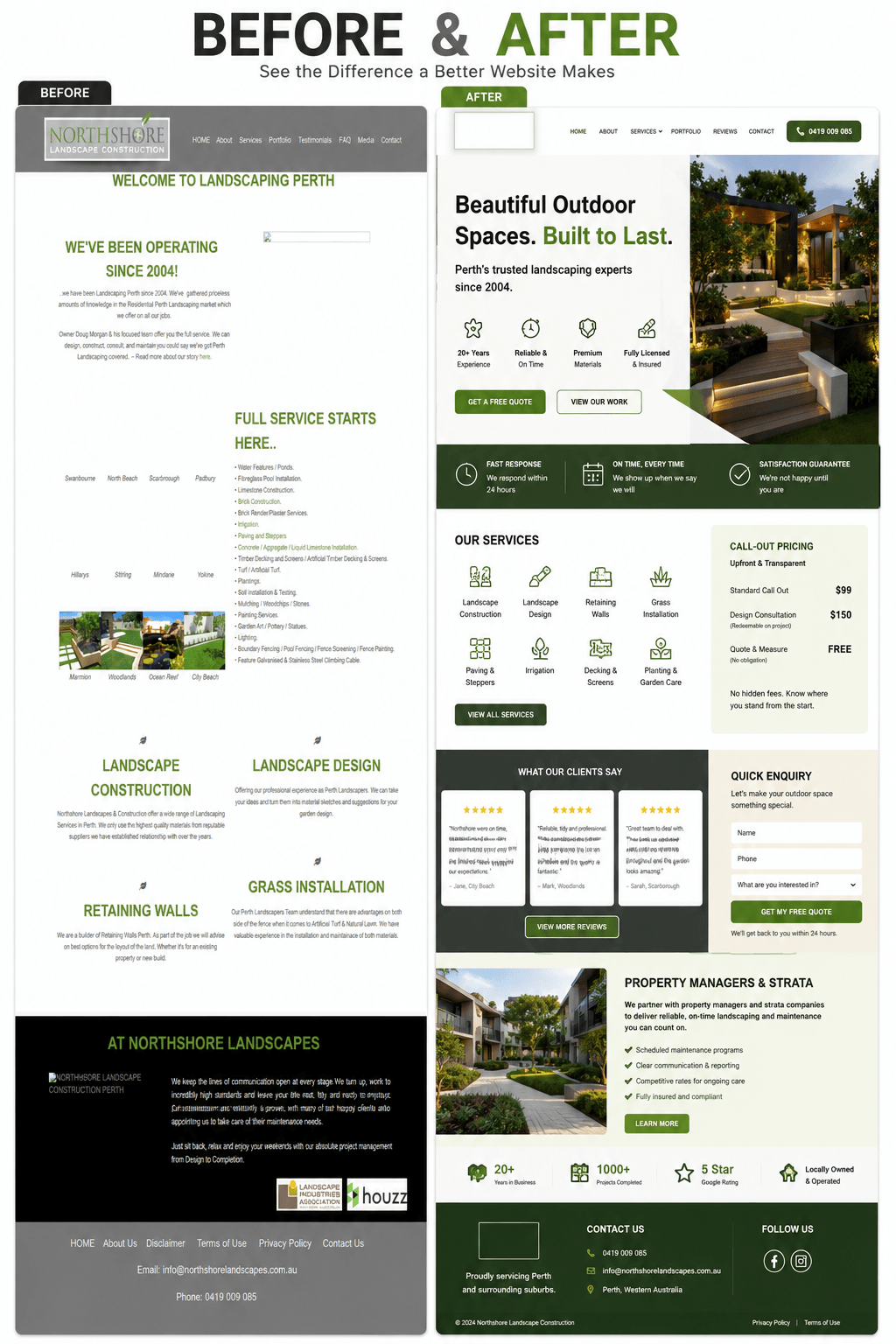 Website redesign comparison showing an outdated landscaper website and a modern SEO-optimised landscaper website in Perth