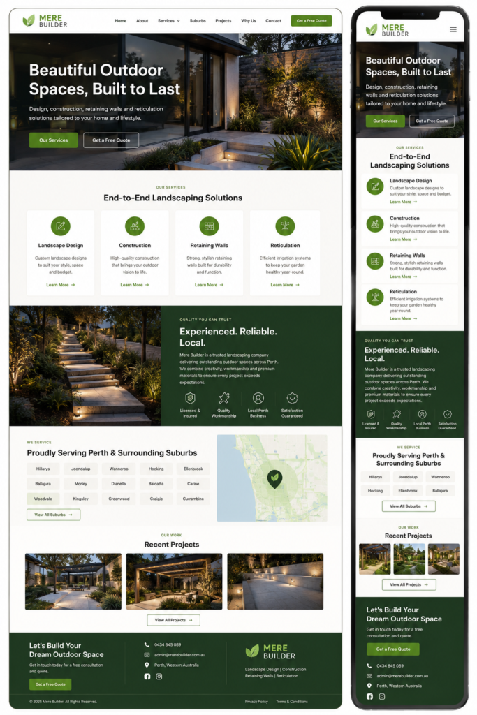 Perth landscaping website design showing design, construction and retaining wall service pages