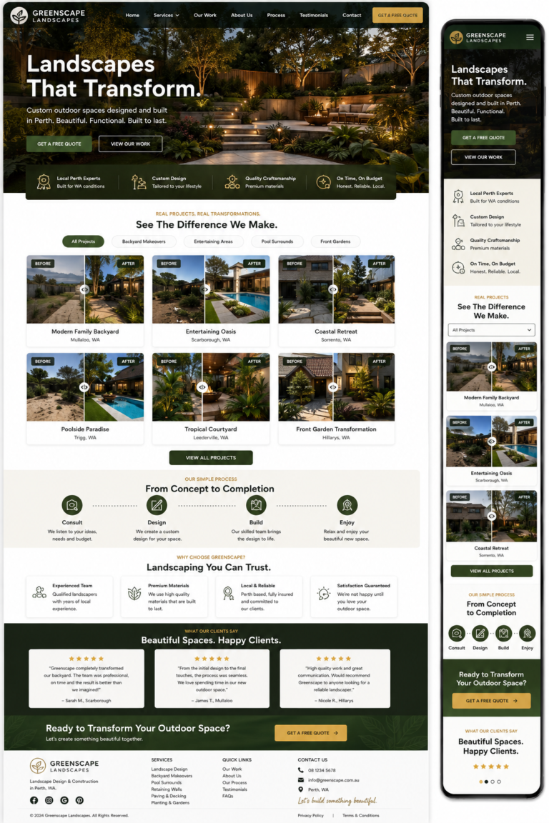 Perth landscaper website design with before and after backyard transformation gallery