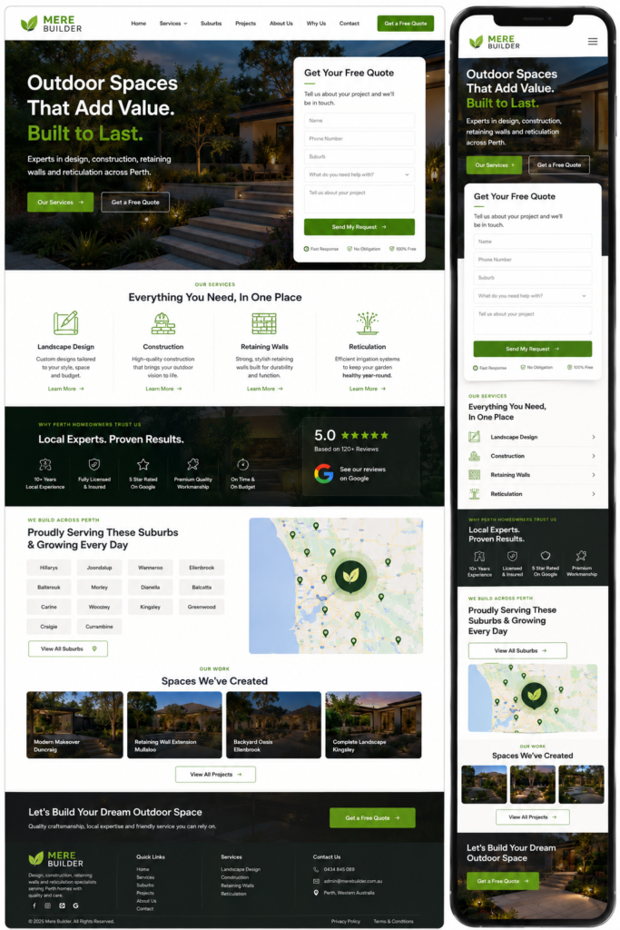Perth landscaper website design with suburb landing pages and structured quote form