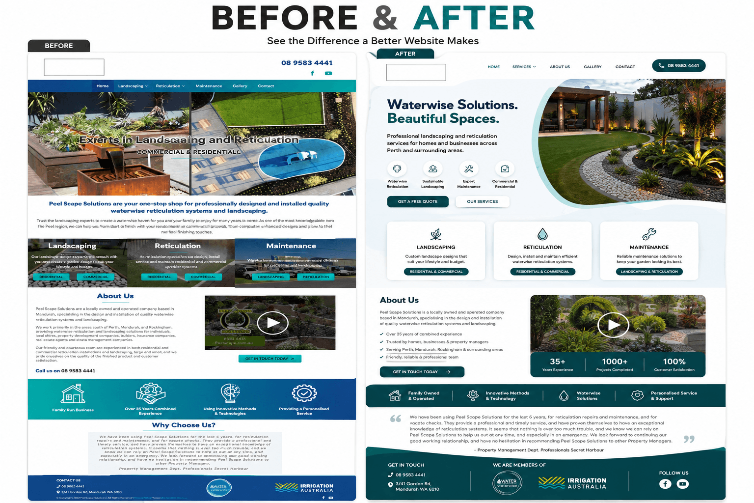Website redesign comparison showing an outdated landscaping website and a modern SEO-optimised landscaping website in Perth