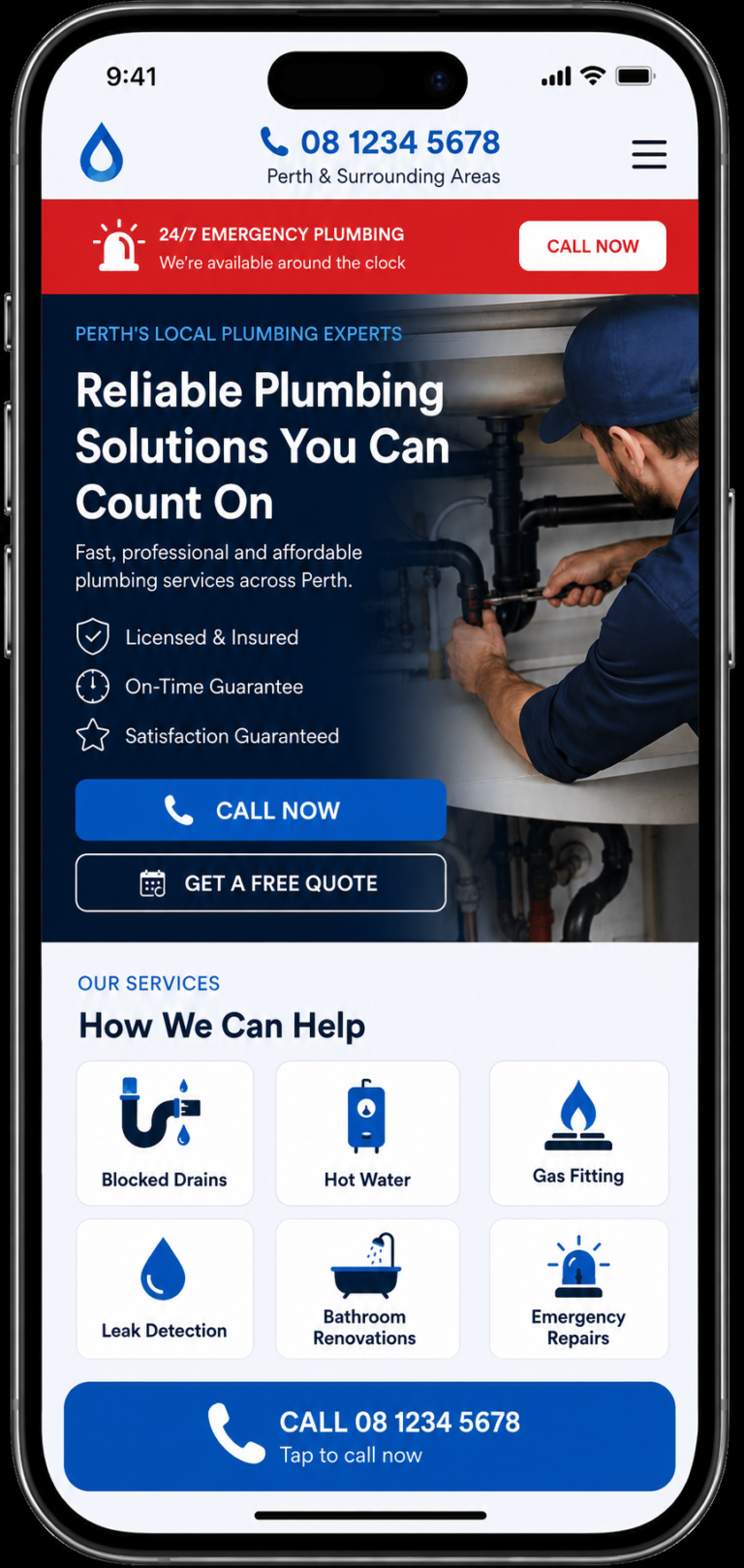 Mobile plumber website with sticky call button and prominent emergency contact CTA