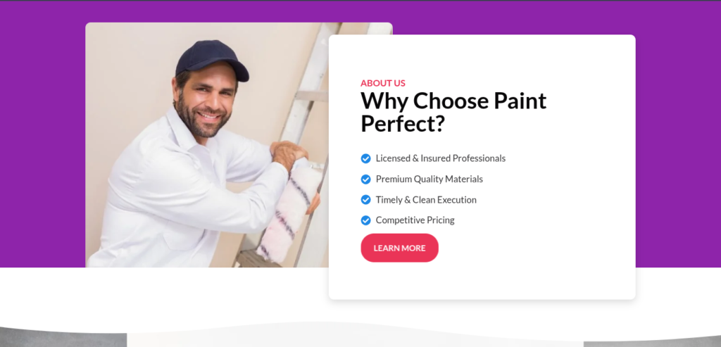 Paint Perfect website trust signals showing licensed and insured painters