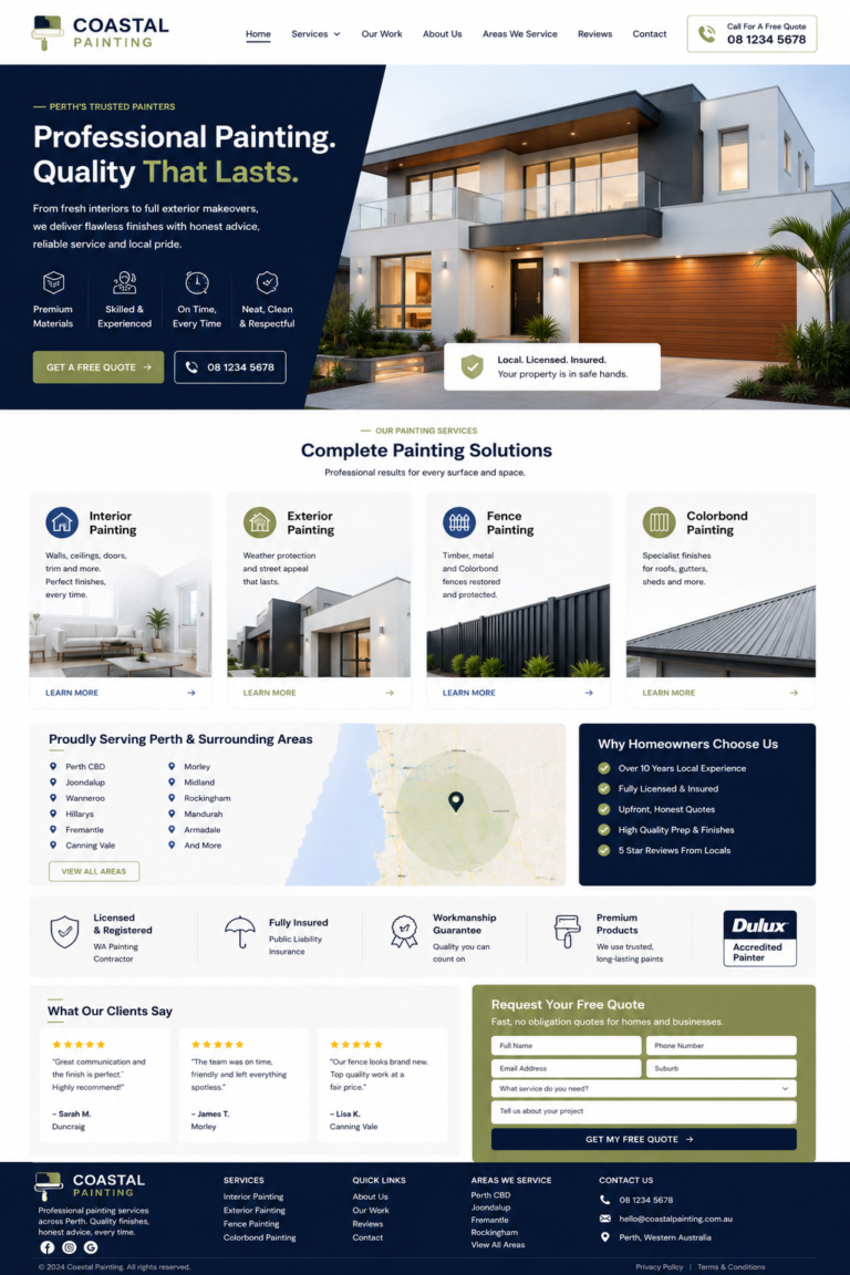 Perth painting website design showing interior, exterior and Colorbond service pages