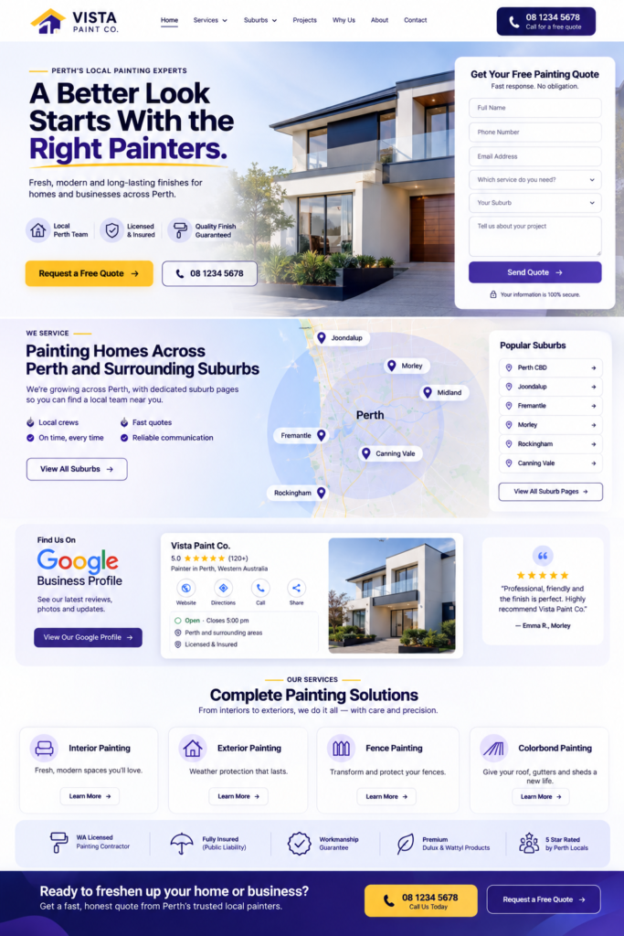 Perth painter website design with suburb landing pages and structured quote form