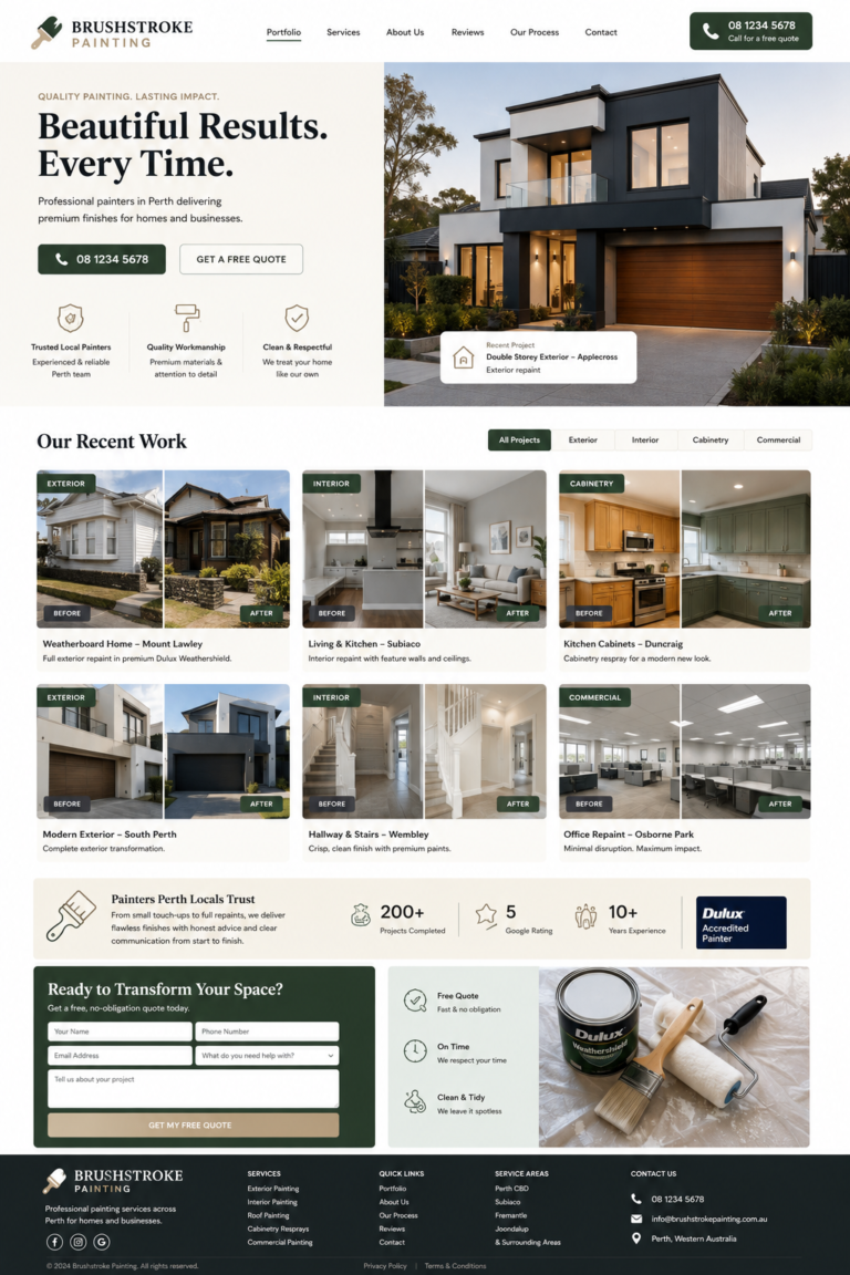 Perth painter website design with before and after gallery near the top of the homepage